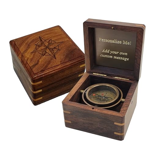 Engraved Antique Brass Desk Compass Keepsake in Wooden Box – Inspirational Personalized Compass Gift for Graduation, Baptism, Confirmation, Mentor, Leadership, Employee Appreciation (Design My Own)