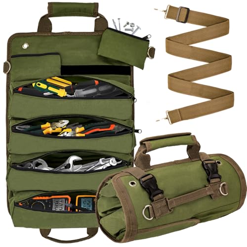 Roll Up Tool Bag, Compact Durable Tool Organizer with 4 Pouches Tool Roll and 2 Small Zipper Pouches, Heavy Duty Motorcycle Tool Storage for Handyman, RV Owners, Dad or Husband Birthday Gifts, Green