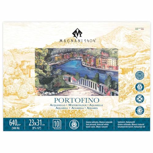 Magnani 1404 Portofino Hot Press 100% Cotton Watercolor Paper Block, 10 Sheets, 9x12, 300 lb, Acid-Free, UV Resistant, Vegan Sized Water Color Paper for Artists, Made in Italy